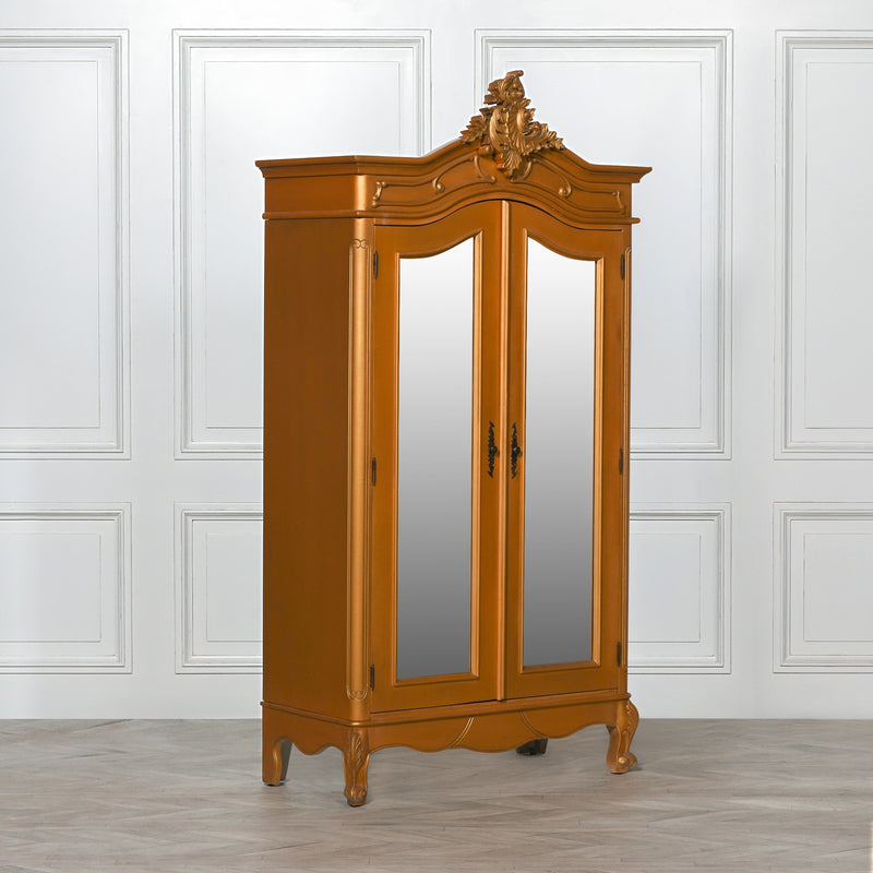 French Style Gold Carved Double Full Mirrored Armoire