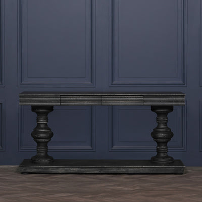180Cm Black Distressed Console Table With Drawers