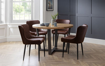 Brooklyn Round Table Oak & 4 Luxe Dining Chairs Brown