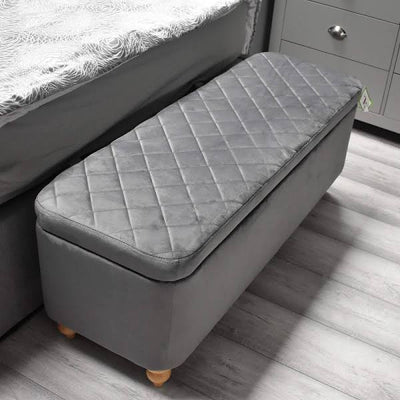 Grey Velvet Ottoman Storage Bench With Spindled Wooden Legs