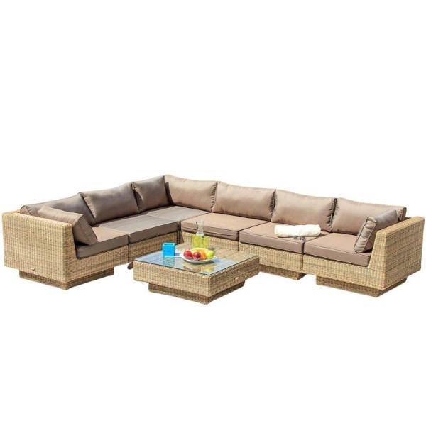 Cozy Bay Chicago Rattan 6 Seater Deluxe Modular Lounge Set in 4 Seasons with Brown Cushions
