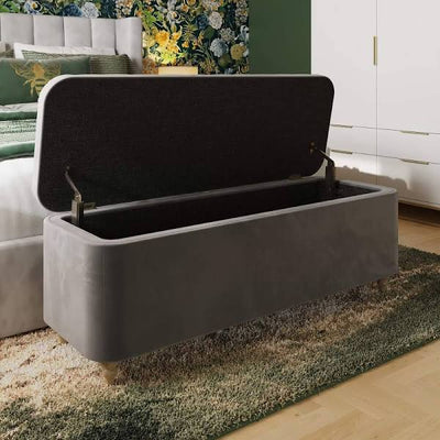Grey Velvet Ottoman Storage Bench With Spindled Wooden Legs