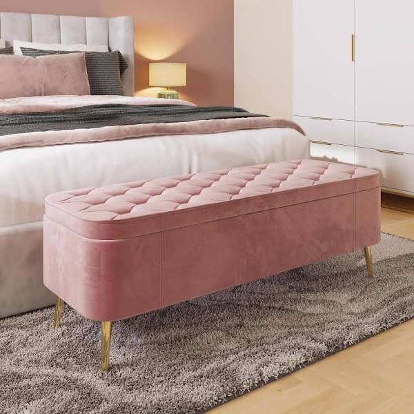 Pink Blush Velvet Ottoman Storage Bench With Metal Legs