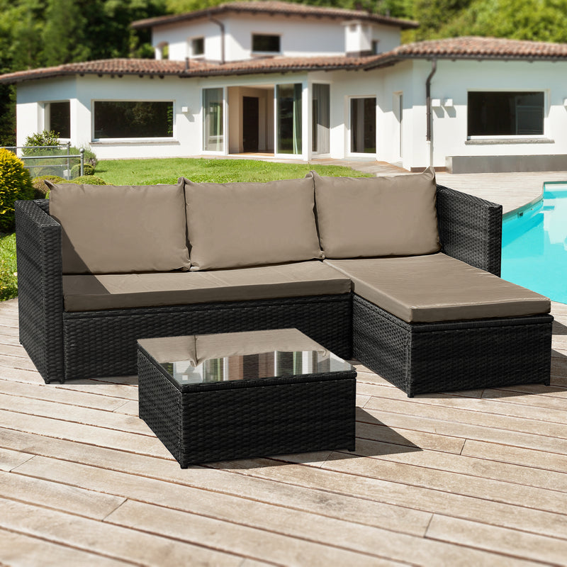 Corfu Rattan 3 Seat Chaise Lounge Set in Black - The Pack Design