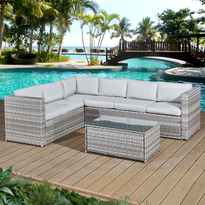 Acorn Rattan 6 Seat Corner Sofa Set in Dove Grey with Off-White Cushions - The Pack Design