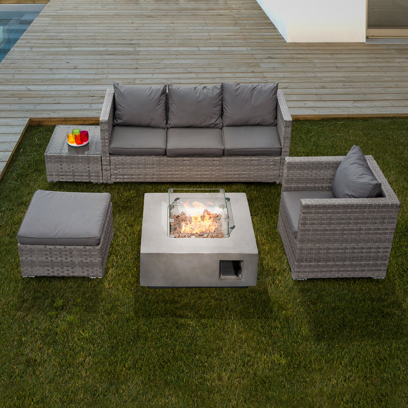Oseasons Acorn Rattan 5 Seat Lounge Sofa Set with GRC Firepit in Dove Grey