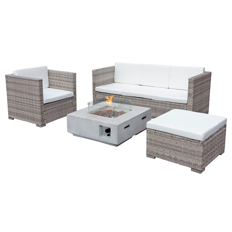Acorn Rattan 5 Seat Lounge Sofa Set with GRC Firepit in Dove Grey with White Cushions