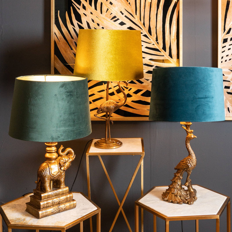 Antique Gold Peacock Lamp With Teal Velvet Shade - The Pack Design