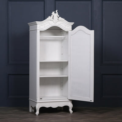French White Carved Single Door Armoire With Mirrored Door