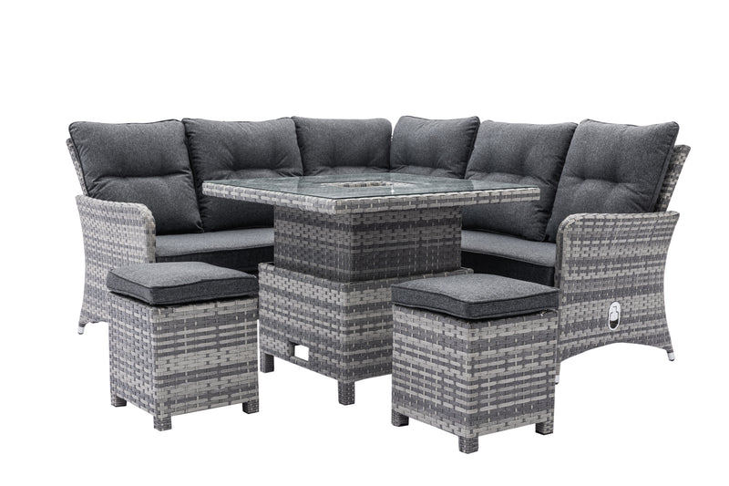 Freya Square Reclining Corner Sofa, Rising Table with Ice Bucket and 2 Stools - The Pack Design