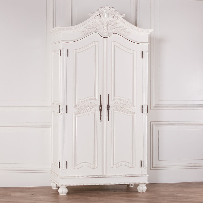 Wooden Carved French Chateau White Double Armoire - The Pack Design
