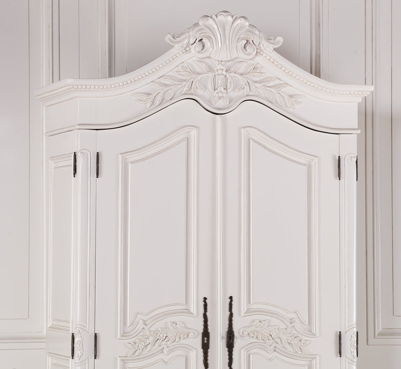 Wooden Carved French Chateau White Double Armoire - The Pack Design