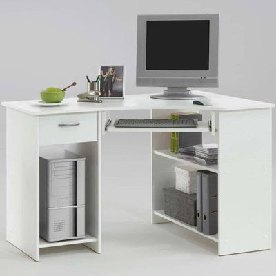 Alex White Corner Desk with Drawer and Shelves - The Pack Design